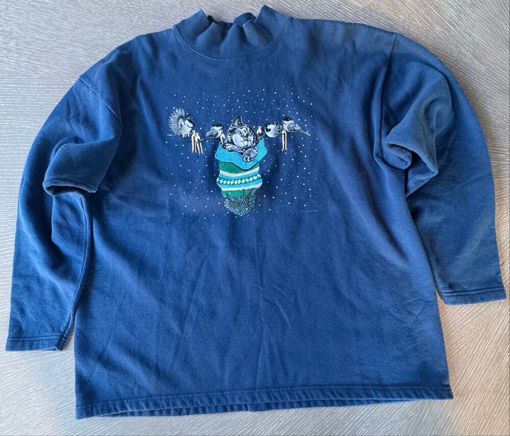 Vintage 90s Cherokee Morning Sun 1995 Navy Cat Winter Stocking Sweatshirt 2X USA